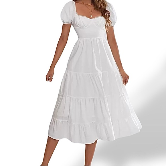 White Flowy Sweetheart Neck Puff Sleeve Dress - Picture 14 of 14